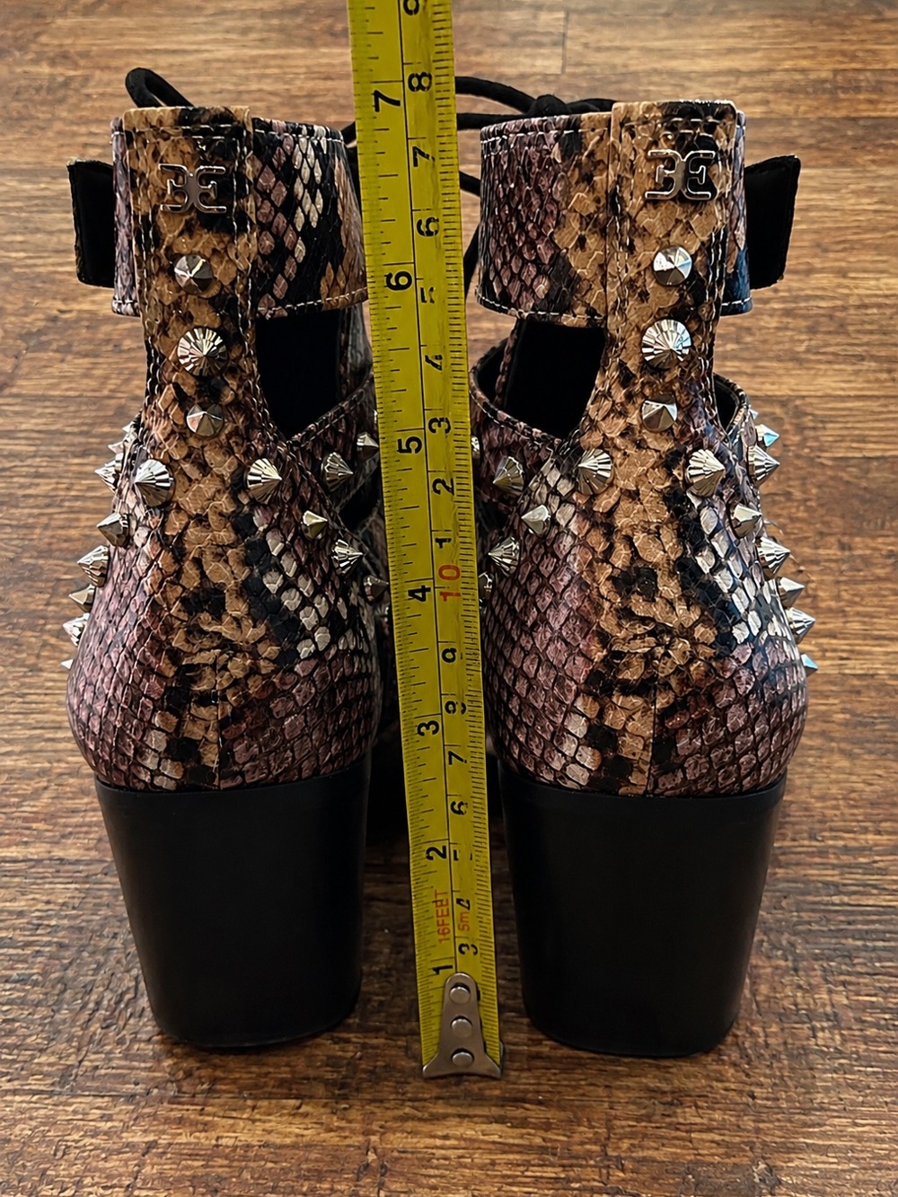 Sam Edelman Elana Snakeskin Print Cutout Lace-Up Studded Ankle Boots Block Heel - Picture 10 of 15